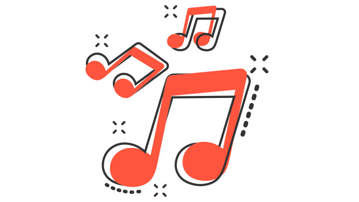 Red and black vector cartoon music icon in comic style on white background