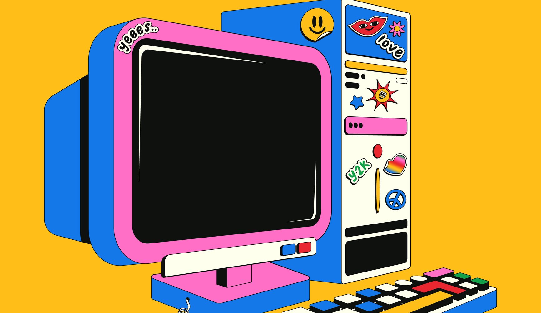 Old retro computer in Y2k style. Colorful vector illustration of a pink computer in isometry covered with cute stickers. Nostalgia for 1990s -2000s.