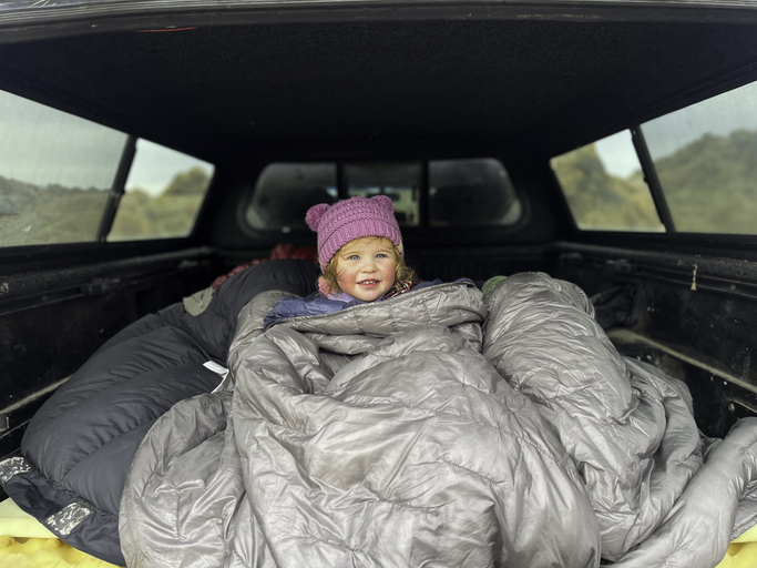 Toddler car camping in the mountains