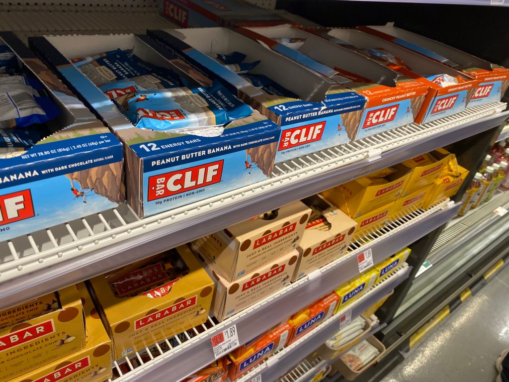 Cliff Bar, Larabar, Luna Bar, healthy food, snack food, protein bar, retail display, CVS, pharmacy, queens, New York, food, store, for sale, no people, peanut butter, banana, chocolate
