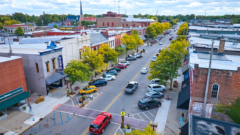 Aerial Small Town Americana: Main Street Scene in Goshen