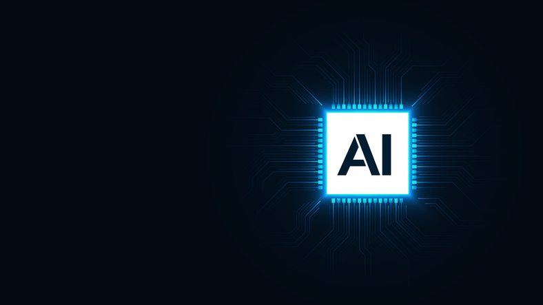 AI Chip on a circuit board background. AI computer agent. Artificial intelligence technology. Deep learning and machine learning. Computer microchip on motherboard. Vector illustration.